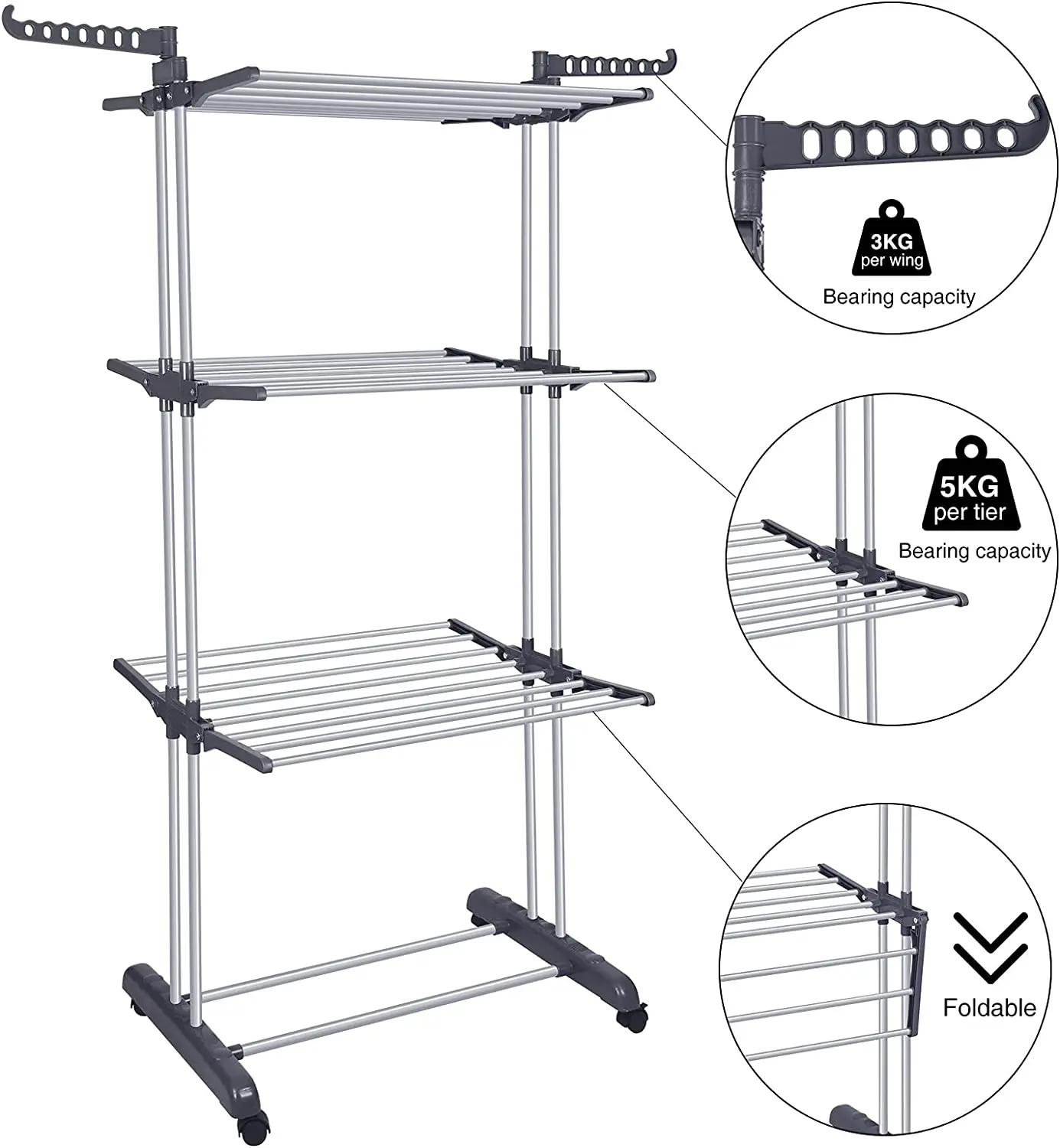 Clothes Drying Rack Folding Clothes Rail 3 Tier Stainless Steel Laundry Garment Dryer Stand with Two Side Wings
