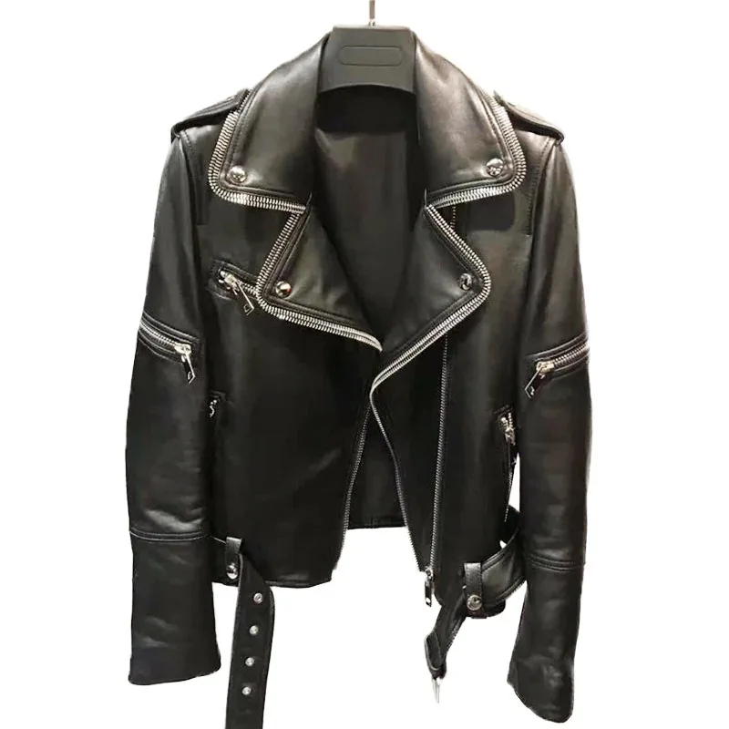 Genuine Leather Jacket Zippers Women Natural Sheepskin Coat Belt Lady Short Style Real Leather Coat for Women