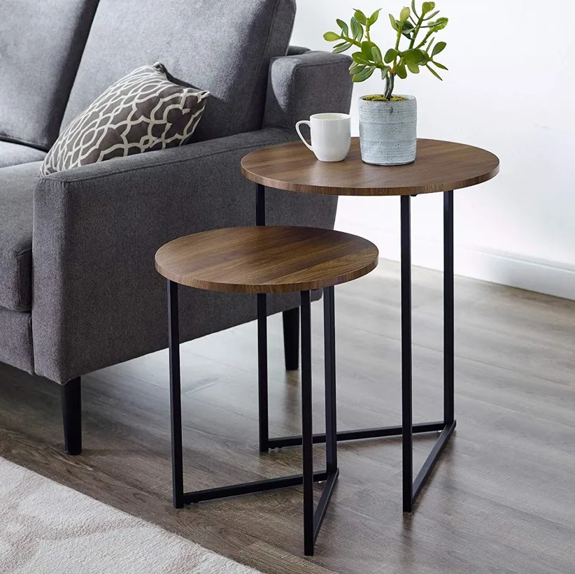 Tall slim flower decorative wooden table Coffee High Quality Metal Round Side Table With Meta lTop metal frame Dining