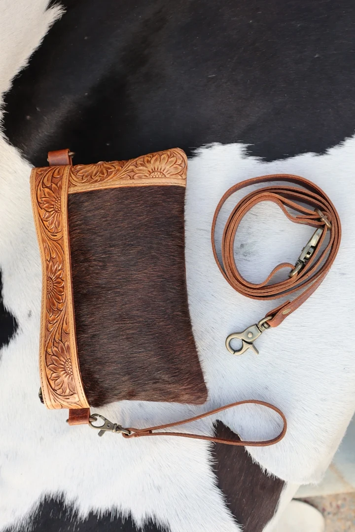 Western Tooled Leather Hair On Purse Women Clutches Genuine Leather Wallet With Hand Carved Design Manufacturer And Wholesaler