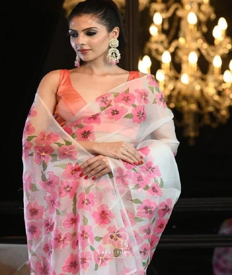 Indian Ethnic Wear Fancy Organza Silk Saree with Banglory Silk Plain Blouse Material Beautiful Digital Flower Printed Saree