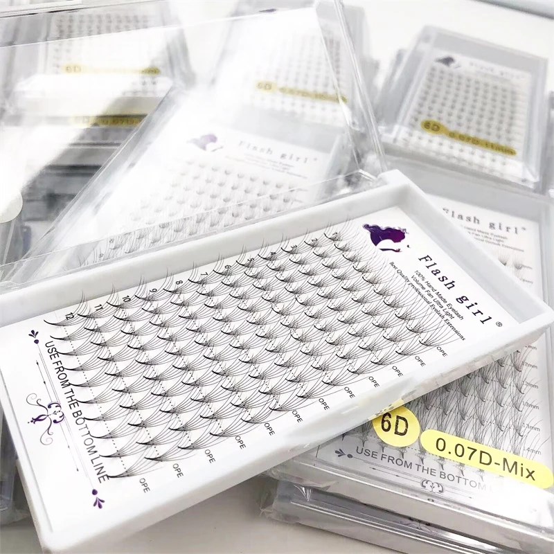 Wholesale 5D-10D 0.05mm-0.07mm Long Thin Stem Premade Flash Girl Fan Eyelash Extensions Private Label Russia Volume Lashes Fans