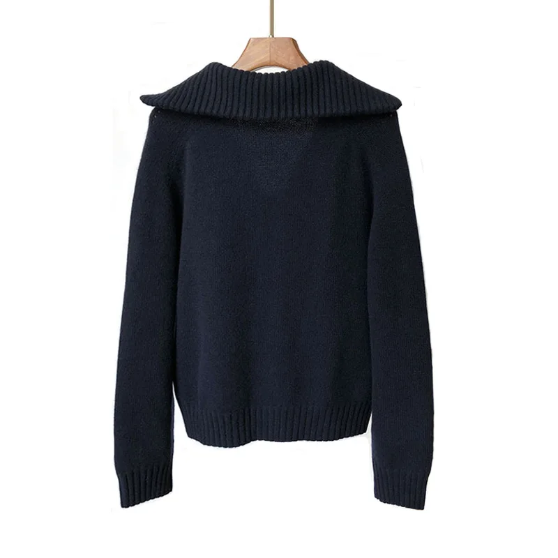 Women Elegant  Designer Sailor Collar Cashmere Wool Knit Jumper Sweater with Pockets