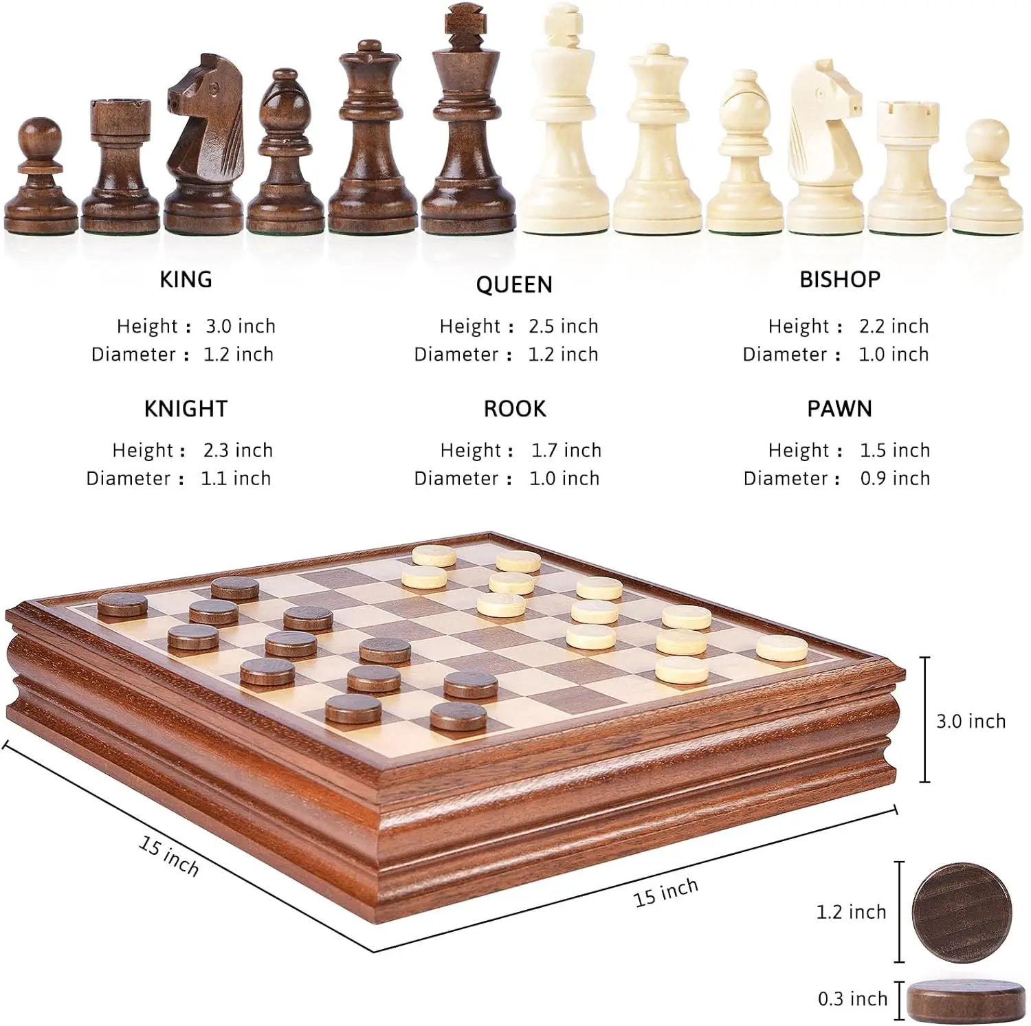 Chess and Checkers Board Game Sets for Adults Wooden Deluxe 15 inch Wood Board Box with Storage Classic 2 in 1with Chess Pieces