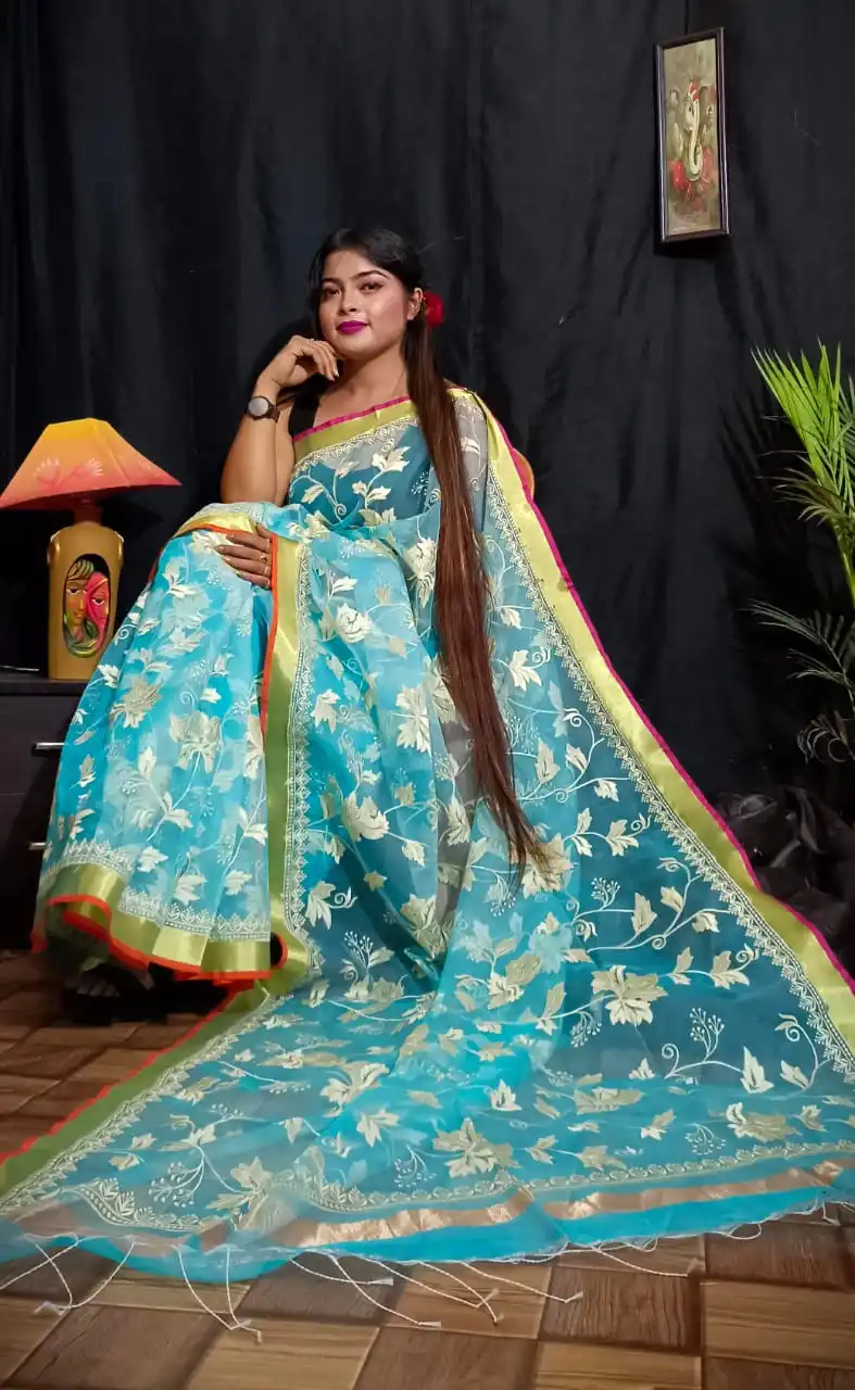 Premium Quality Firoji Color Pure Resham Saree with Embroidery Hot Selling Designer Saree Weddings Best Quality Wholesaler Surat