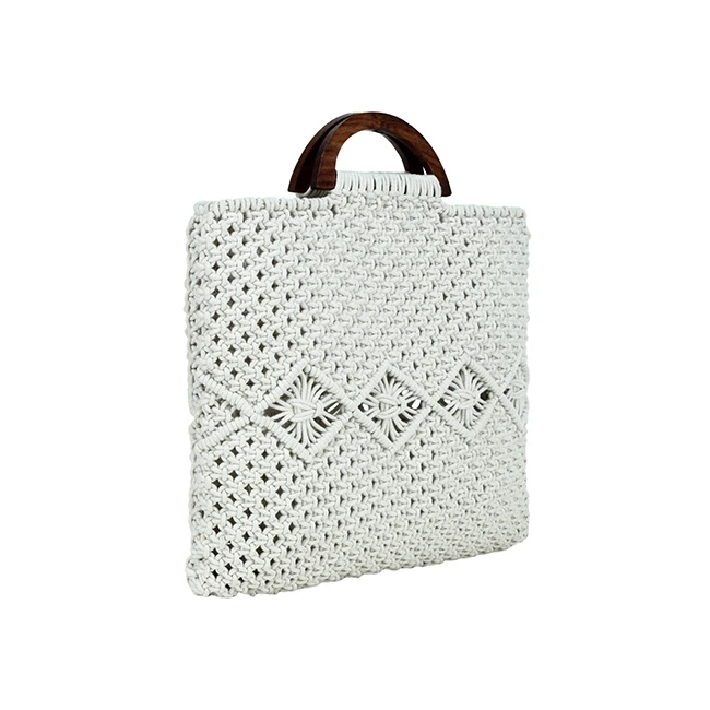 Buy High Quality White color Jute Bag with wooden handle pretty accessory for ladies and girls