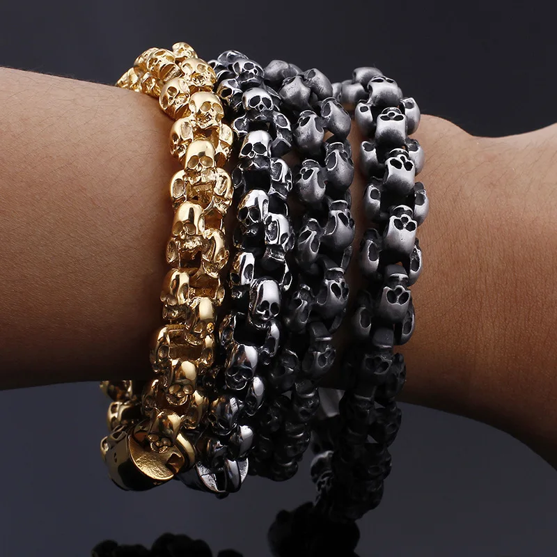 Easter Jewelry Retro Men Stainless Steel Skeleton Heads Chain Bracelet
