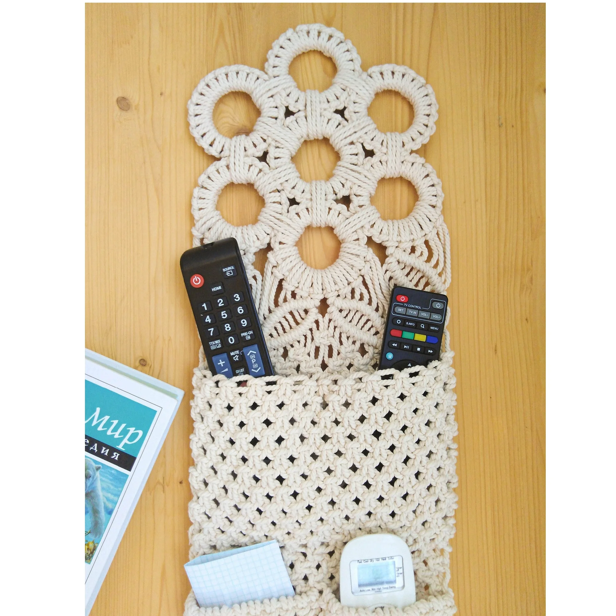 New Trendy Macrame Remote Control Holder Hand Knitted Wall Remote Holder For Pen Magazine Glasses Cell Phone