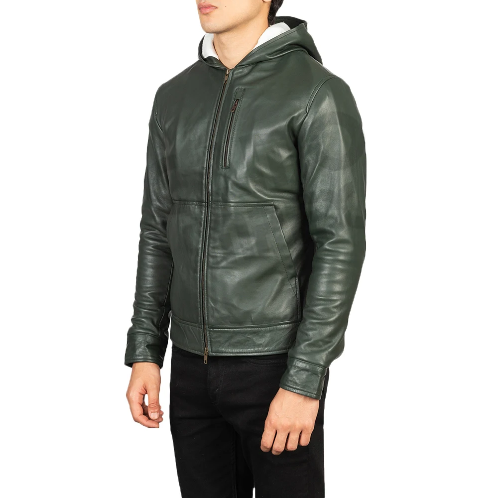 Wholesale OEM ODM Full Sleeves Hooded Real Leather Zipper Up Green Leather Bomber Jackets New Arrivals Sheepskin Hooded Jackets