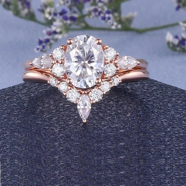 1 CT Oval Cut Rose Gold 925 Sterling Silver Moissanite Diamond Studded Bridal Promise Ring Set for Sale