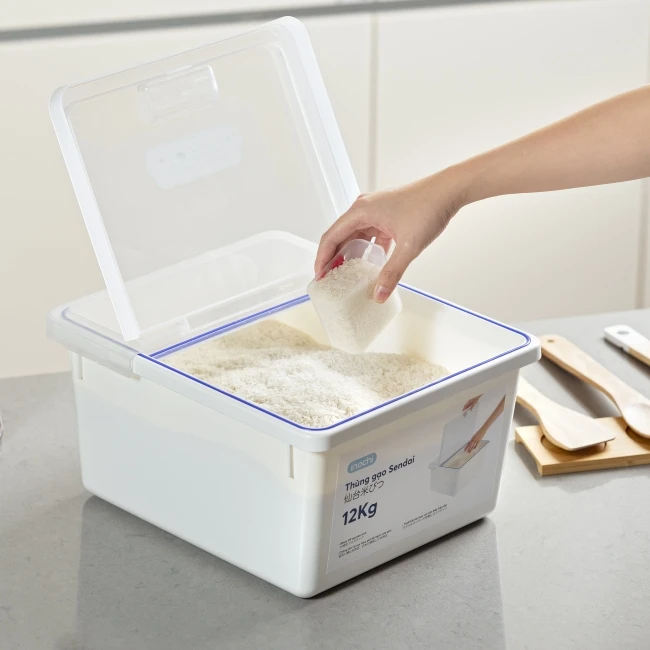 High quality Sendai rice stocker tight lid with minimalist style compact structure and shapes protect rice from dirt and insects