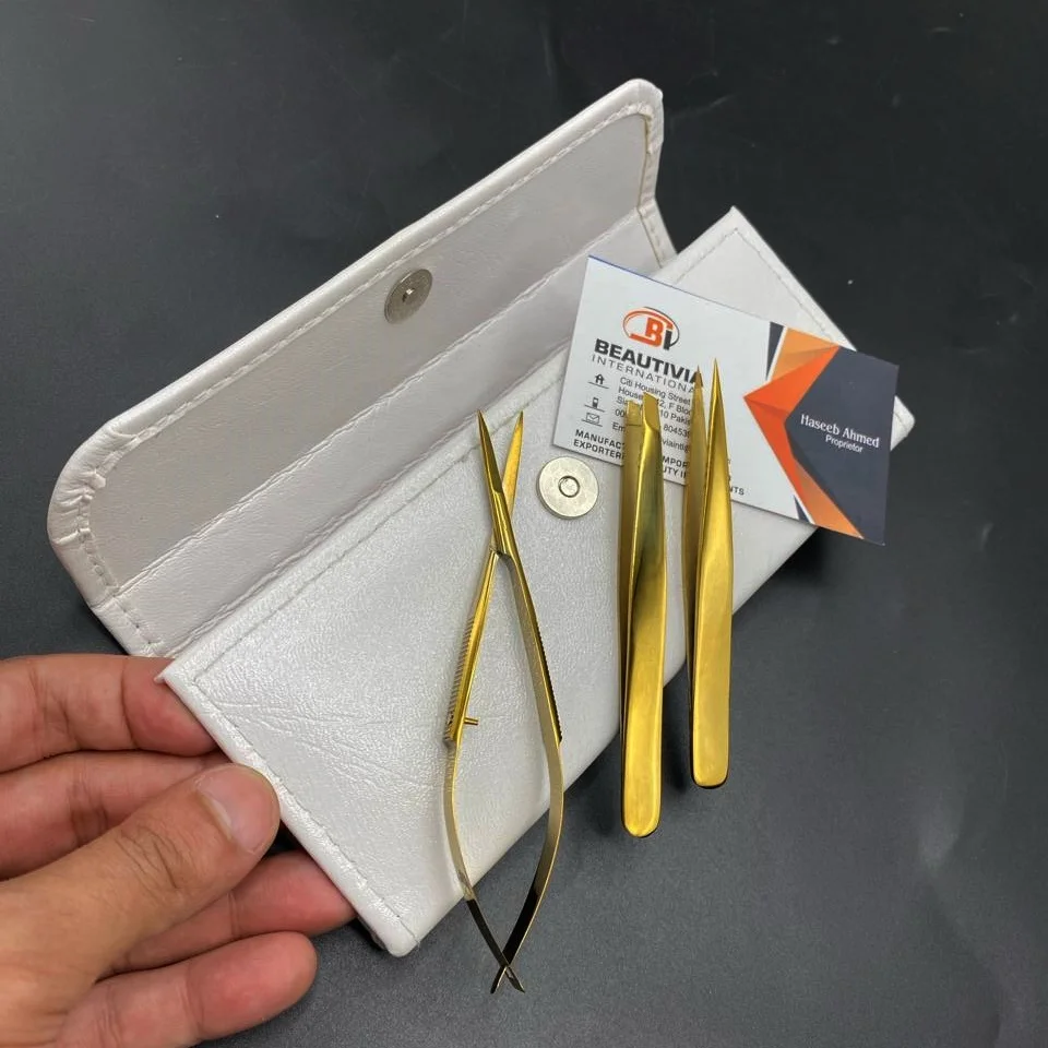 Brow Cosmetic Tweezers Gold Plasma Sustainable Stainless Steel Eyebrow Tweezers and Scissor Set with Leather Pouch Custom LOGO