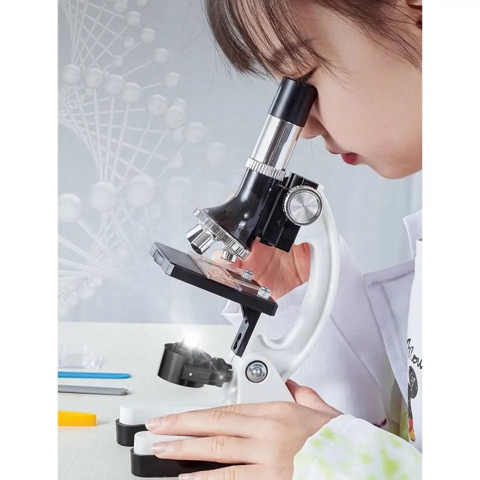 1200X 28-pieces student beginner microscope STEM kit metal body toy microscope with slides, LED light and carrying box science e
