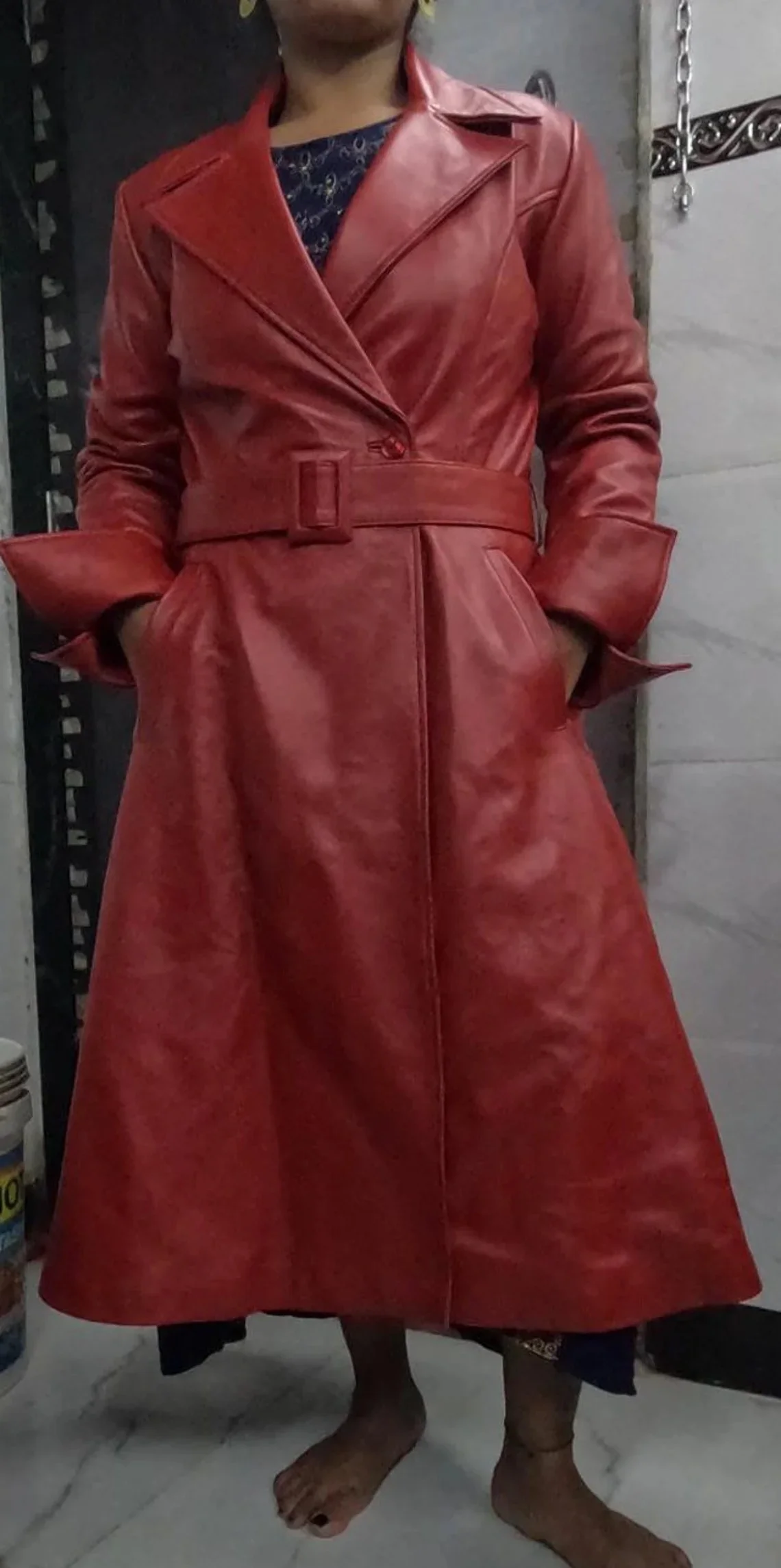 women red leather trench coat one button closure long coat single breasted leather coat stylish celebrity long overcoat