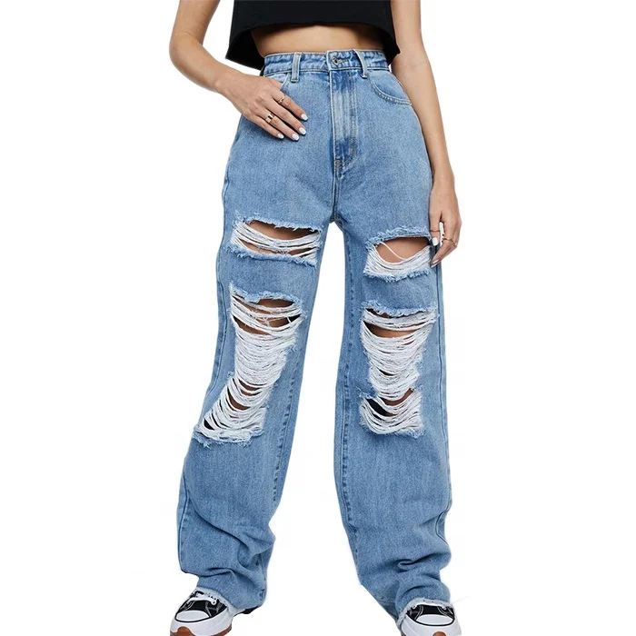 Cheap ladies ripped jeans pants for woman plus size distressed baggy jeans women jeans wide leg baggy