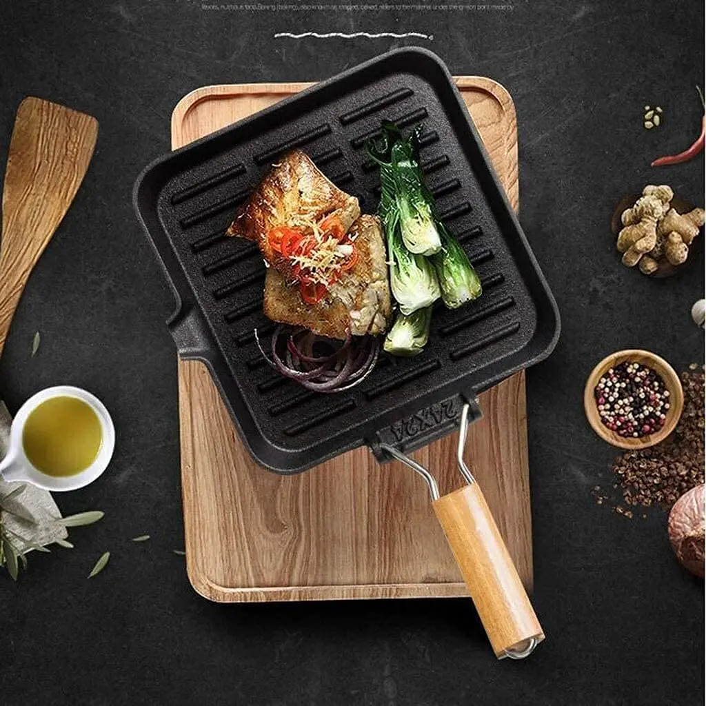 Multipurpose Steak Frying Pan, 28cm Cast Iron Non-Stick Grill, Deep Square Griddle Pan with Folding Wood Handle Cooking Pans