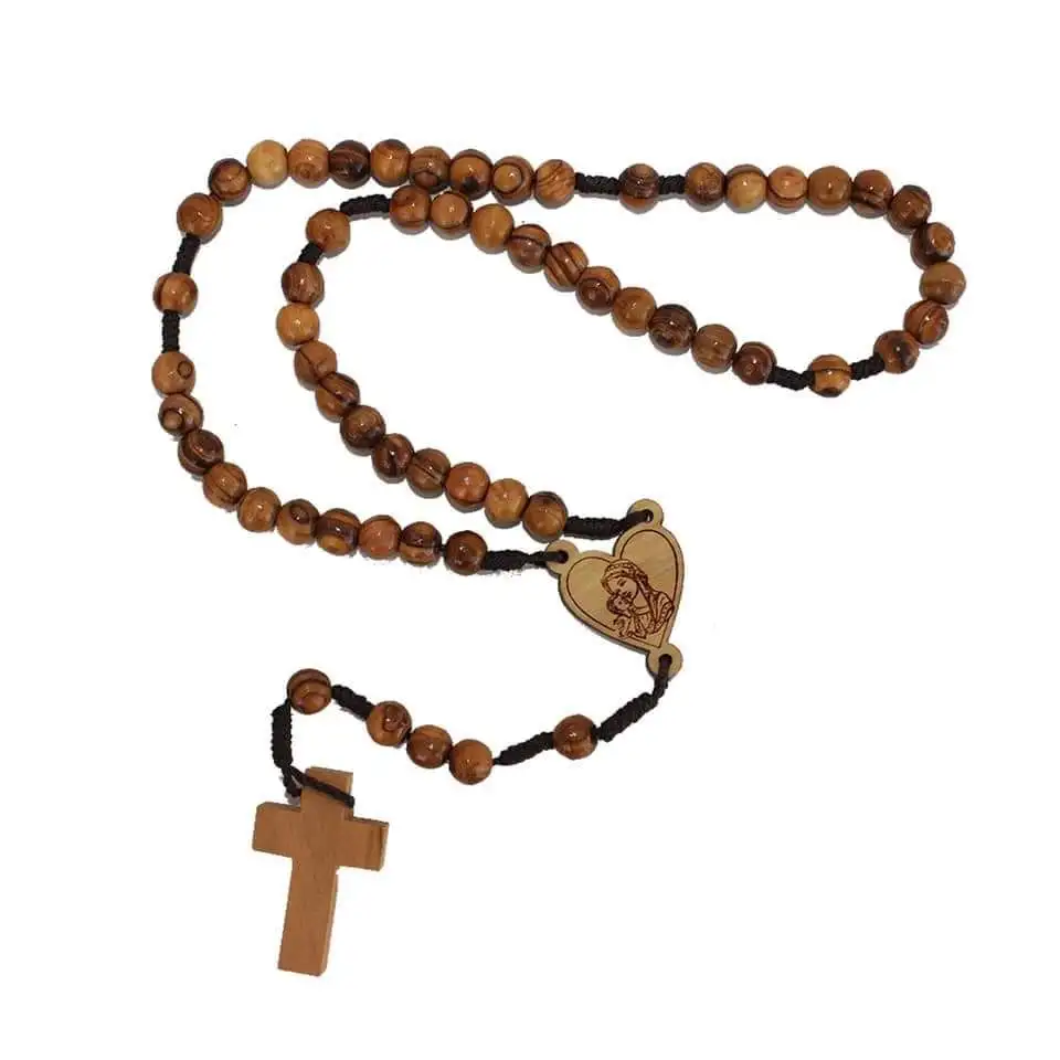Catholic Prayer Jerusalem Rosary 6*8mm Olive Wood Beads Religious Necklace Holy Soil Medal & Metal Cross