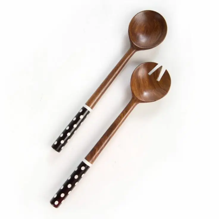 Handmade Wood Salad Server With Resin Finishing Handle Salad Serving Spoon & Fork Cutlery Premium Quality For Serving Dinnerware