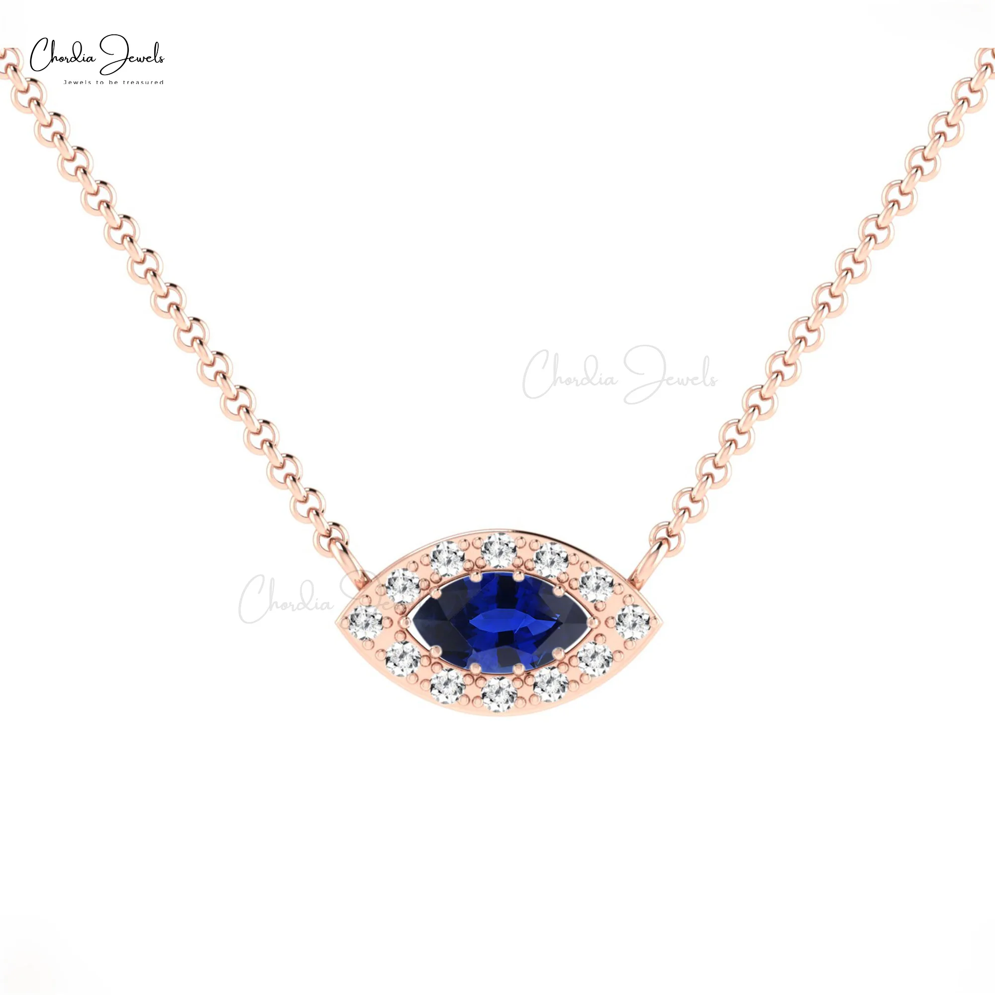 Genuine 0.20ct Blue Sapphire Gemstone & Pave Diamond Halo Chain Necklace 14k Real Gold Jewelry Free Shipping Items for Ladies
