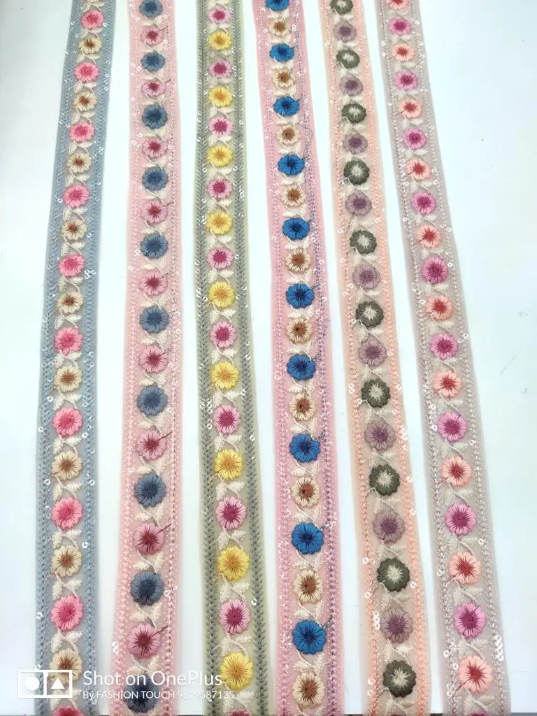 custom made machine embroidered ribbons & laces in cut work design with 100% sequins work in 7 colours for wedding dresses