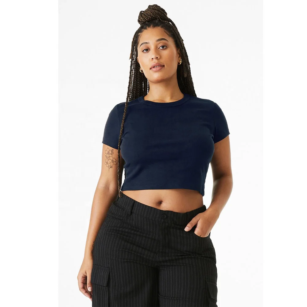 Wholesale Customized   B+C Solid Navy Blend women micro rib baby tee Fitted Stretch Fit cap sleeve baby breathable  tee