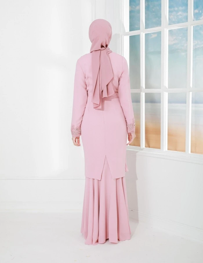 SIPO Drape Pattern Cotton Lace Pink Asymmetrical Premium Chiffon Hip Wrap Dress Hand Embroidery Modern Style Baju Kurung