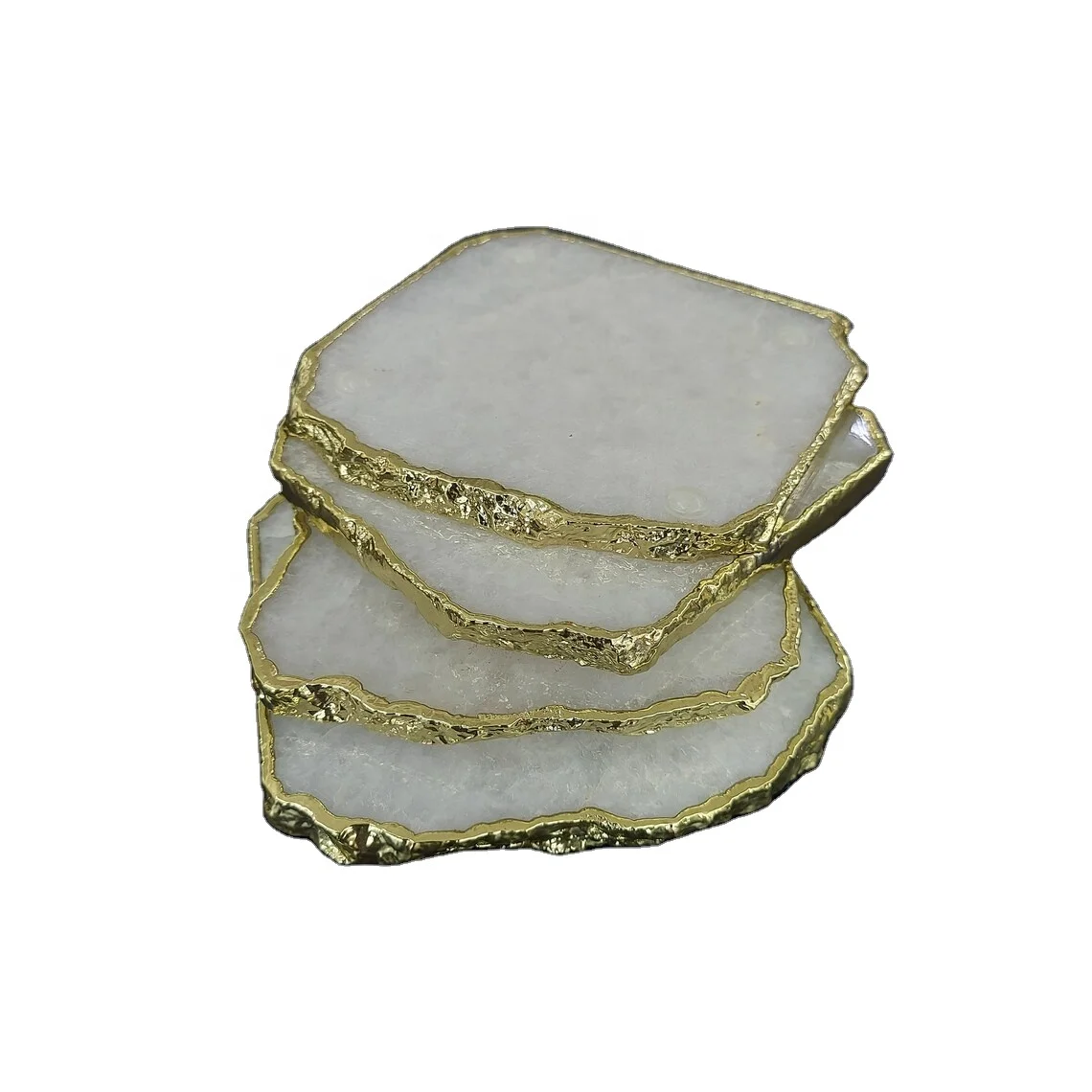 High Quality White Quartz Agate Coaster Set with Gold Trim Crystal Sliced Gemstone Geode Cup Holders for Coffee/Tea