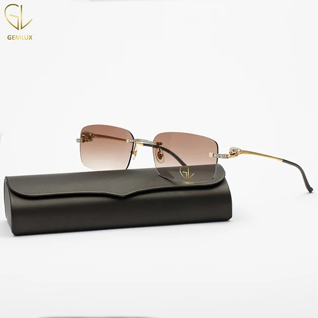 Top Brand Trendy Rectangular Shape Sunglasses Natural Diamond Panther Frame Glasses For Women Men