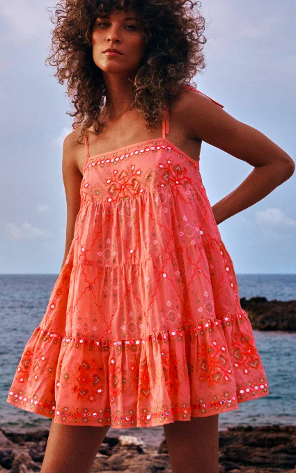 Vivid Coral Mosaic Print Mirror Embroidered Tired Women Mini Dress  Irresistible Girls Perfect Fit Summer  Vacation Short Dress