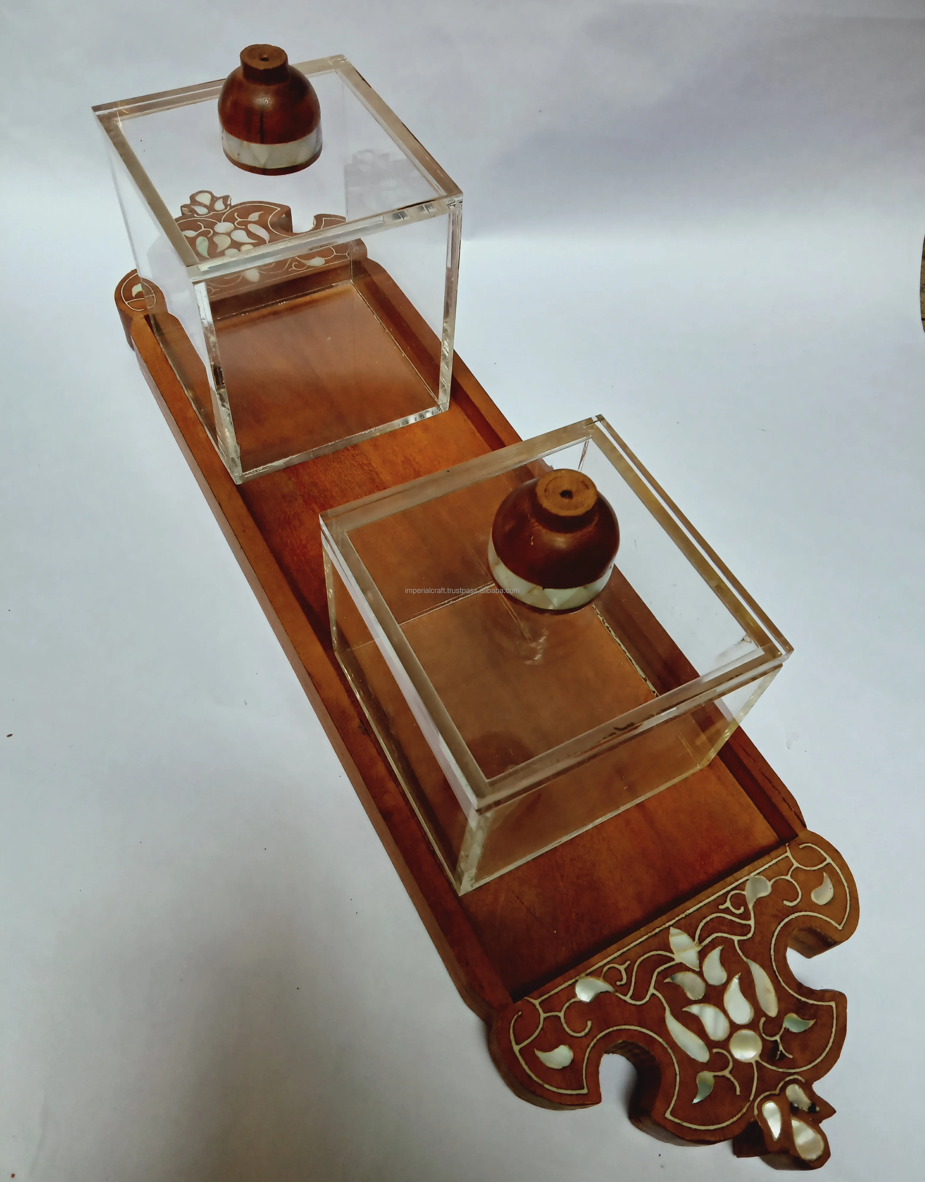 trending design acrylic and acacia wood serving tray with two chocolate boxes decorative work of mother of pearl