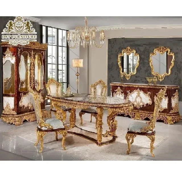 Royal Baroque Heavy Carved Gold Dining Table Set Luxury Dining Room Sets for Grand Villa Victorian Gold Dining Table Set