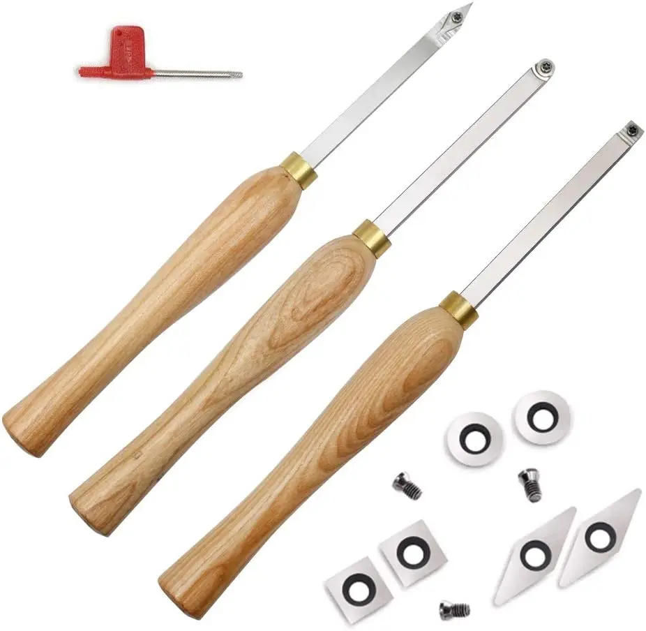 FK Wood Carbide Tipped Wood Lathe Turning Tools Set with Wood Handle and Diamond Round Square Carbide Insert 3pcs