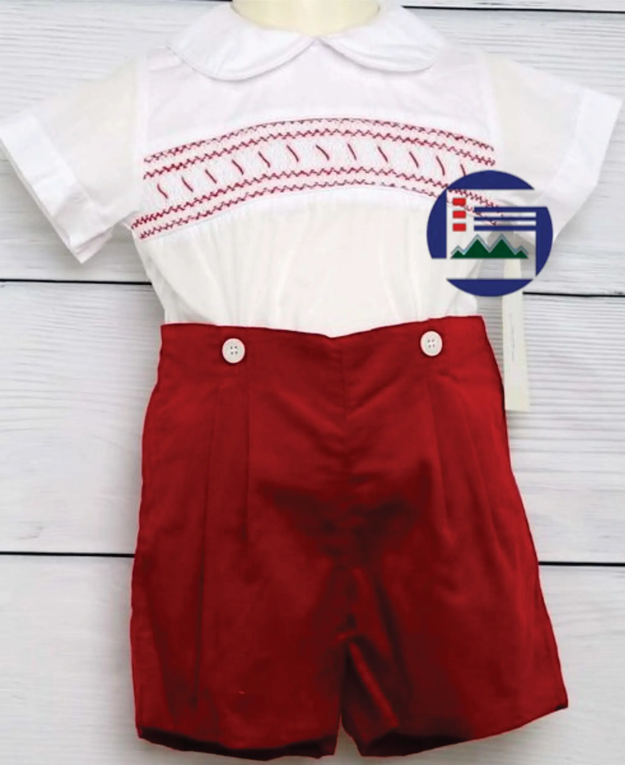 Suite for boy smocked made by hand material silk cotton fabric UK traditional smocked