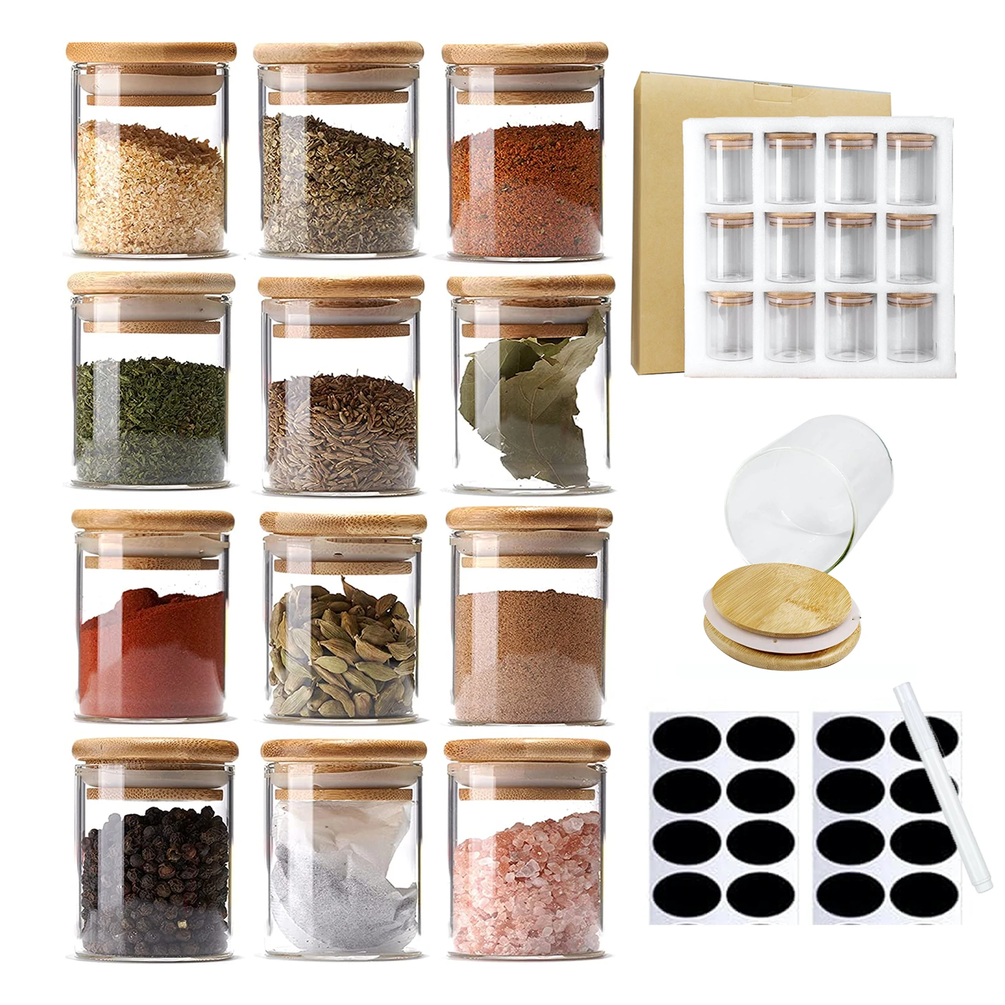 12 Packs 6oz Eco-friendly Bamboo Lid Round Glass Spice Jar Set With Waterproof Labels For Kitchen Food Storage Canisters