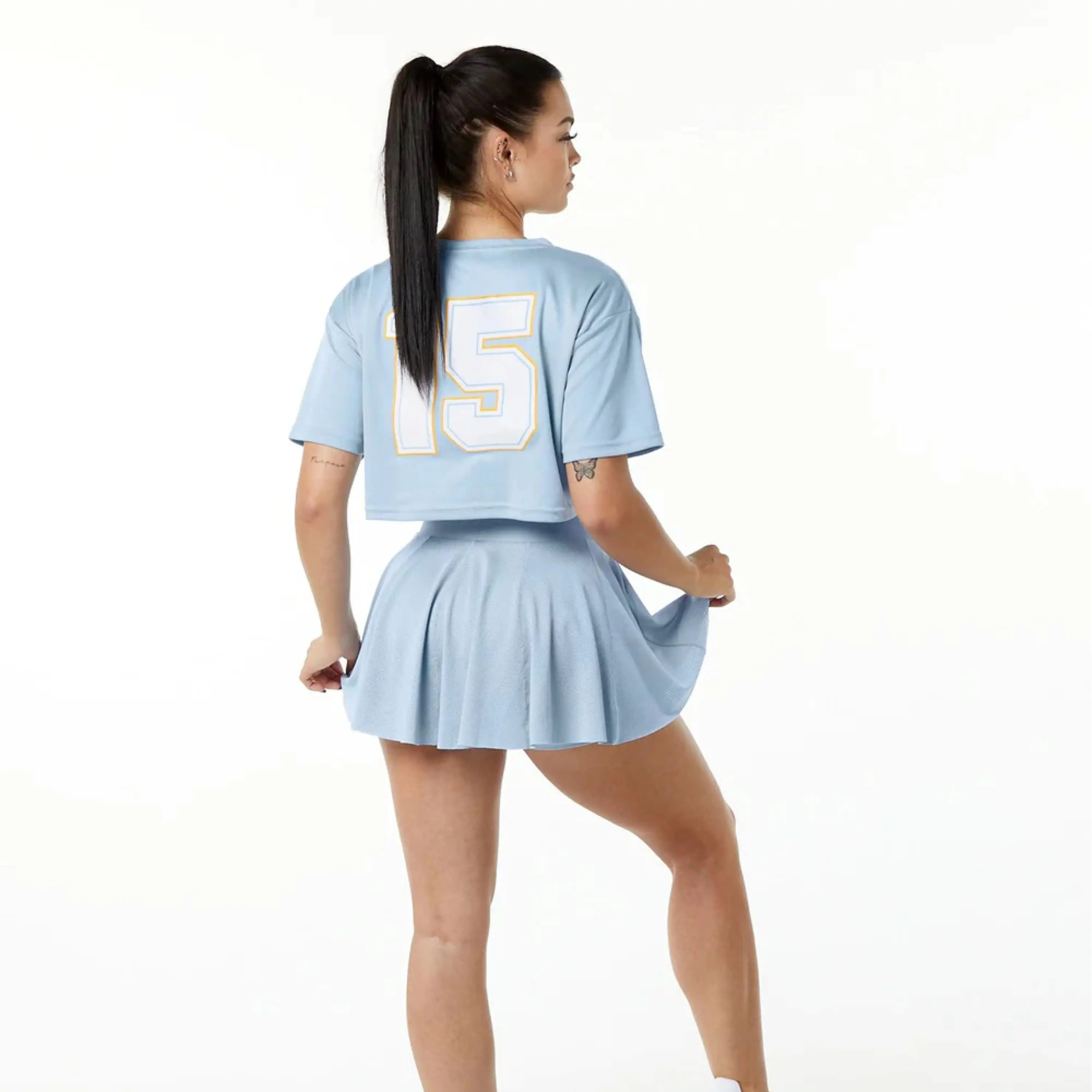 High Waisted Light Blue Skirt for Women 100% Polyester Jersey Knit Cotton Compression Lined Mesh with Embroidery XS Size and Sho