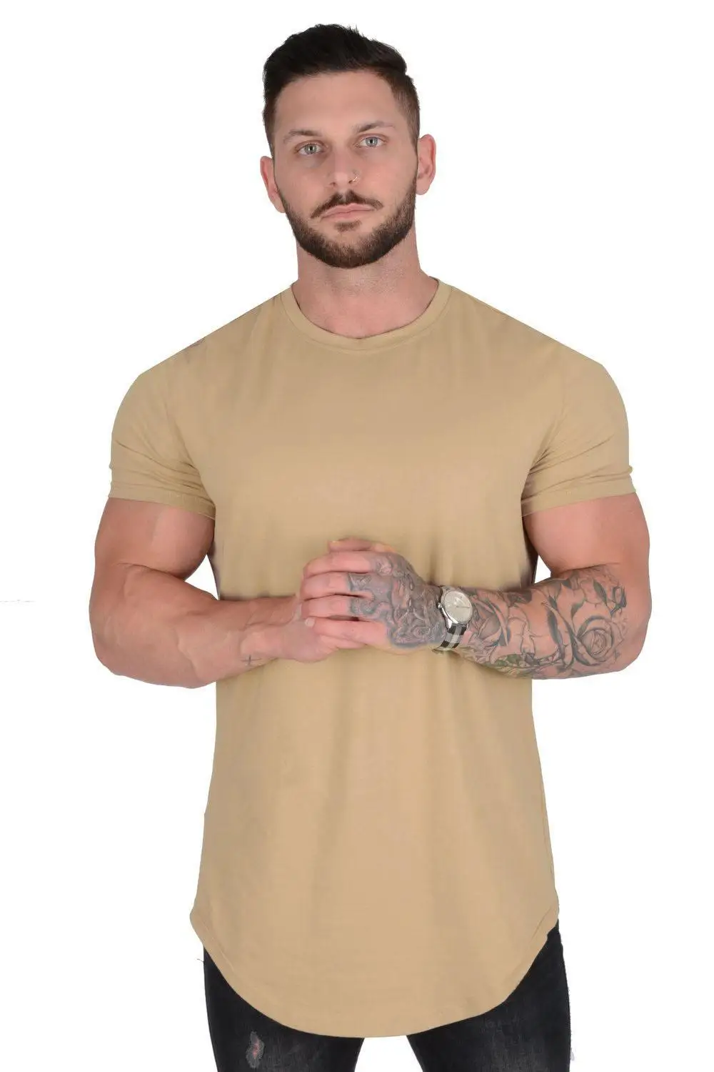 Elongated T Shirts 95% Cotton 5% Elastane Mens Long Sleeve Fitted Elongated Gym T Shirt Longline Curved Hem T Shirt OEM