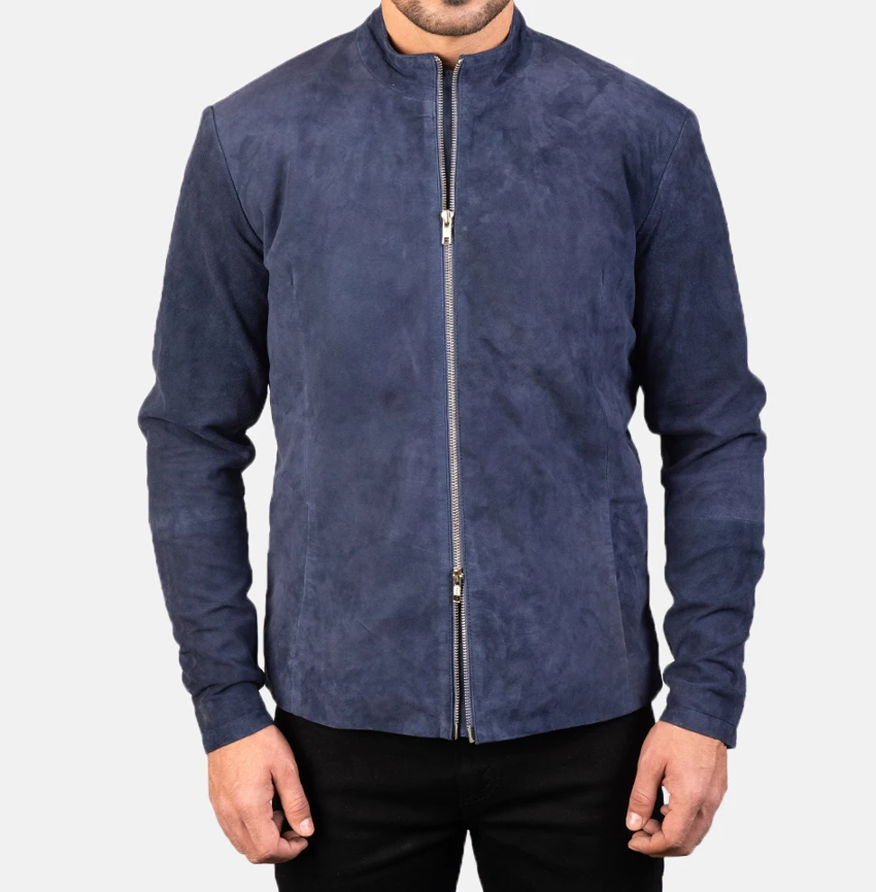 Blue Suede leather bomber jacket/OEM custom blue suede leather jacket/Wholesale genuine suede fashion fitted leather jacket men