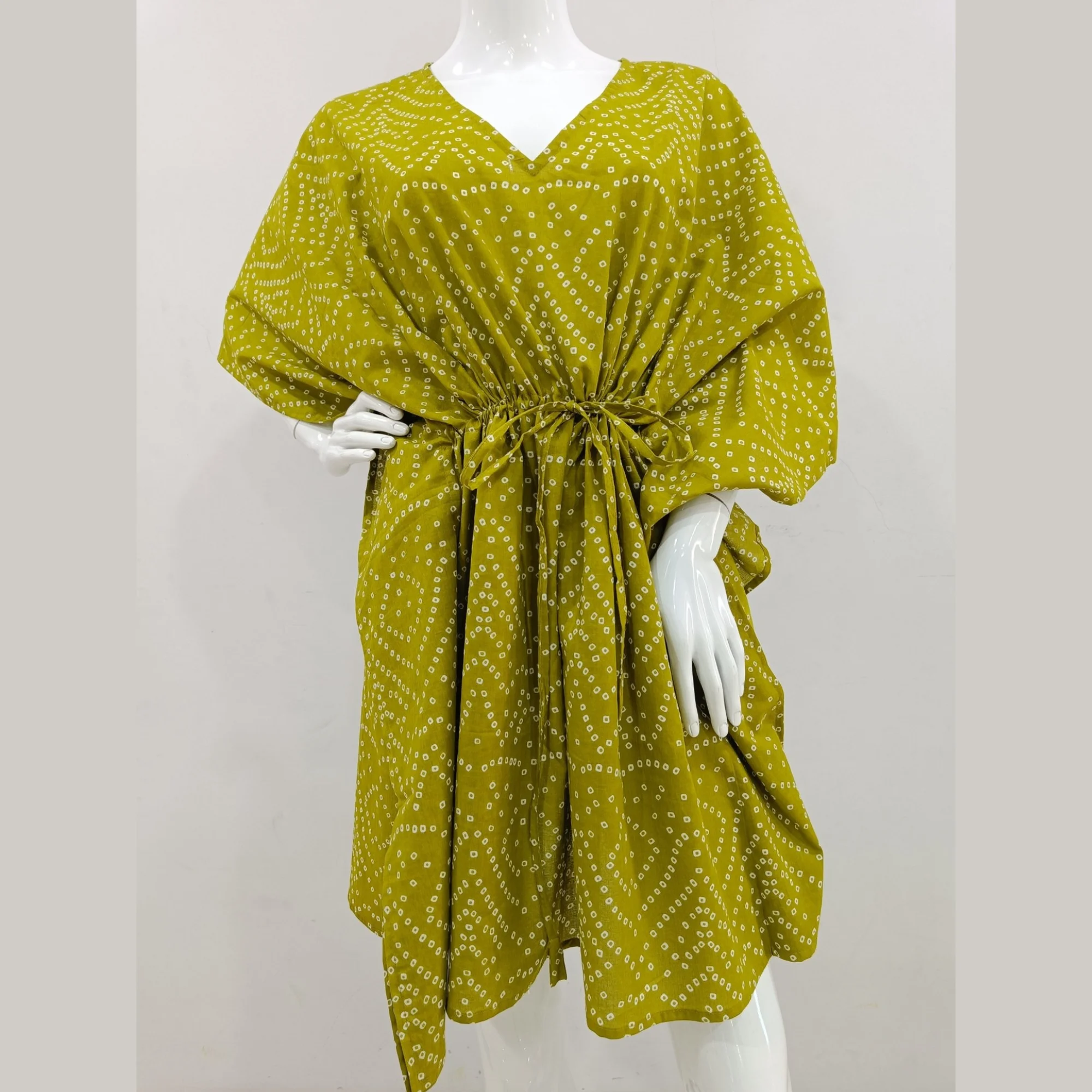 Stylish Soft Cotton Bandhani Pattern Free Size Hand Block Print Kaftan Dress For Casual Wear-Party wear