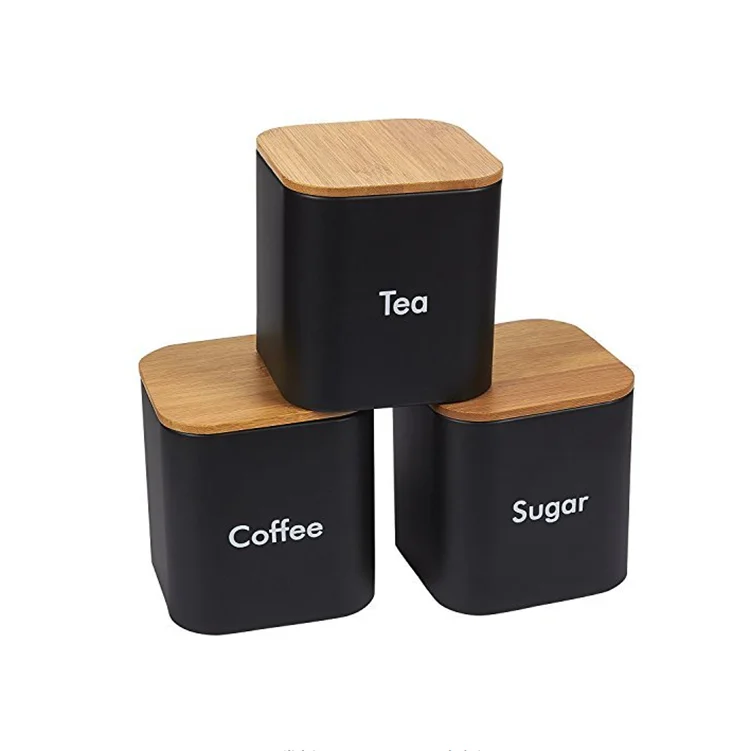 3 Pcs Kitchen Canister Set Coffee Sugar and Tea Storage Container Jars Metal with Bamboo Lid Square Black Snack Jar Kitchen Food