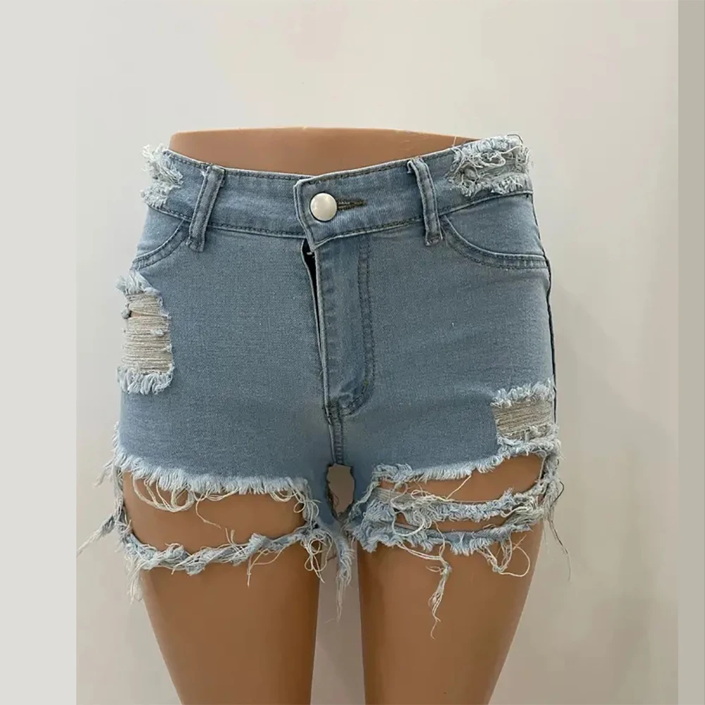 Summer Ripped Denim Shorts Black White Blue Skinny High Waisted Casual For Women Hole Jeans wide waist Short