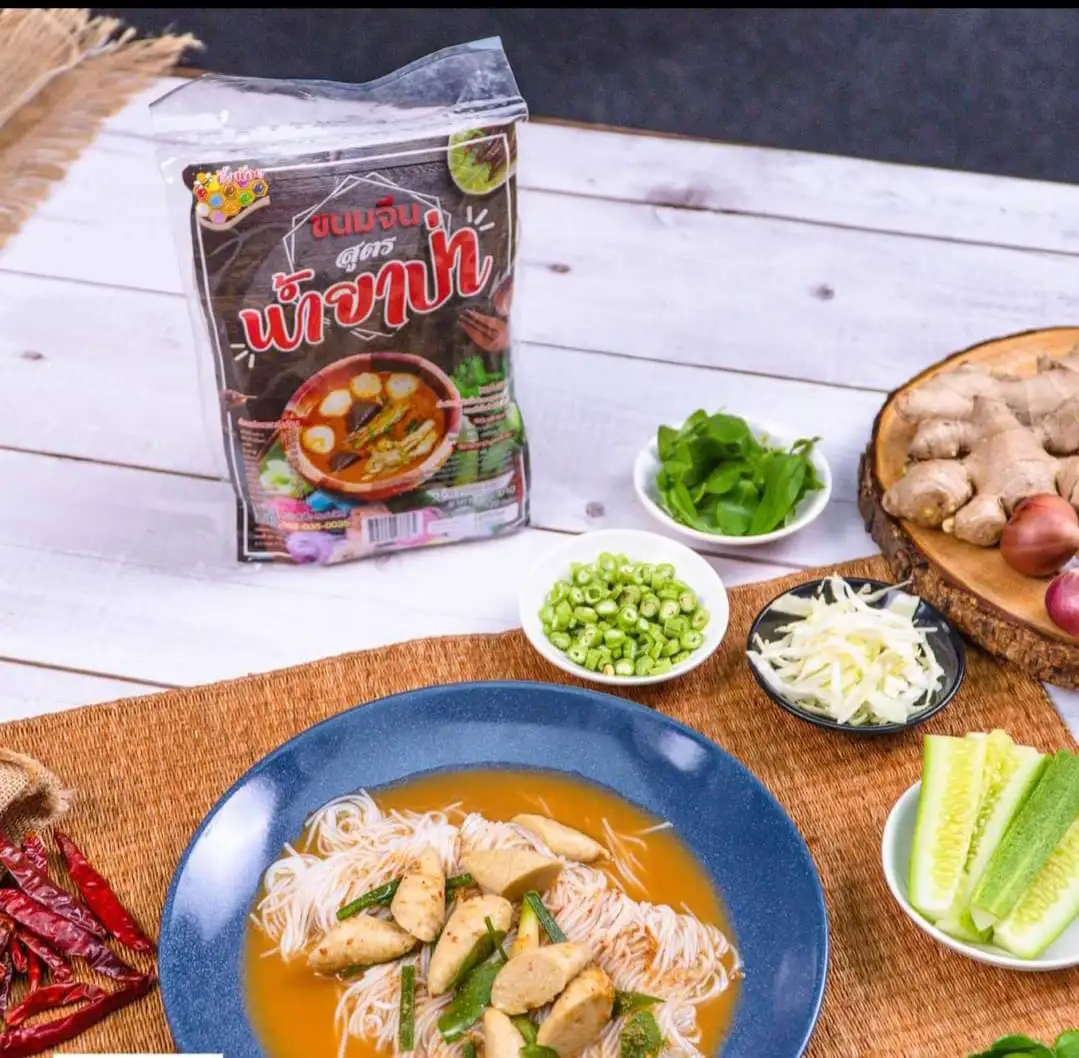 Instant Rice Noodles (Khanom Jeen) in Fish Curry Sauce  Thai Hot and Spicy Tasty Phungnoi Noodle Brand 120g./Pack