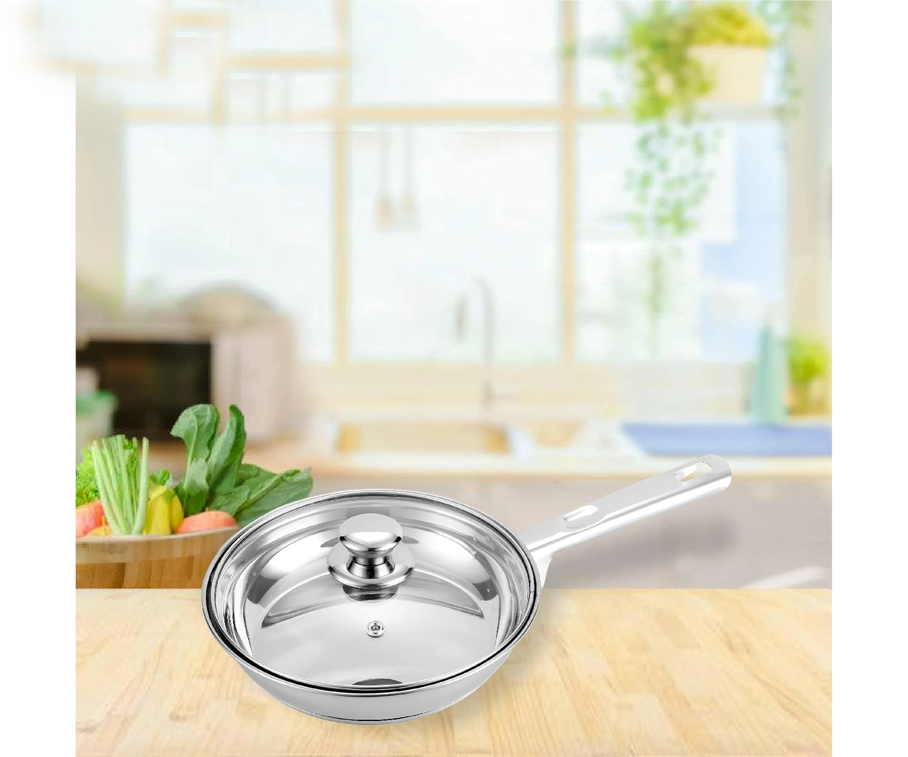 High Quality Stainless Steel Metal Fry Pan With Glass Lid-26 cm 2000ml Induction Friendly Cookware Set Frying Pan