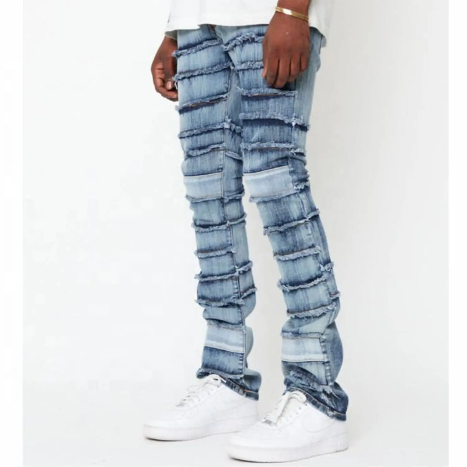 Mens Fashion Skinny Denim Pants Mens Distressed Badge Pants Plaid Patches Destroyed Slim Fit Jeans