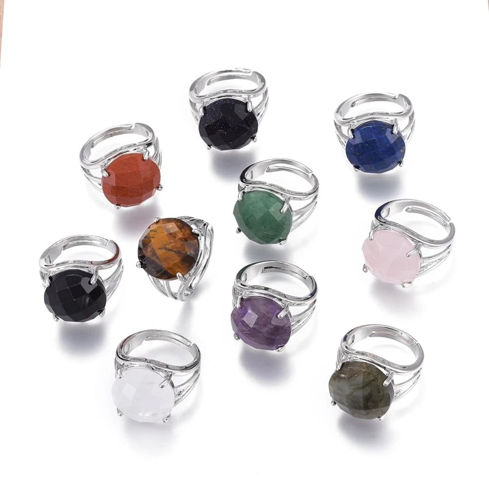 Adjustable Faceted Natural & Synthetic Gemstone Rings with Platinum Brass Findings Flat Round, Size 8 Inner Diameter 18mm