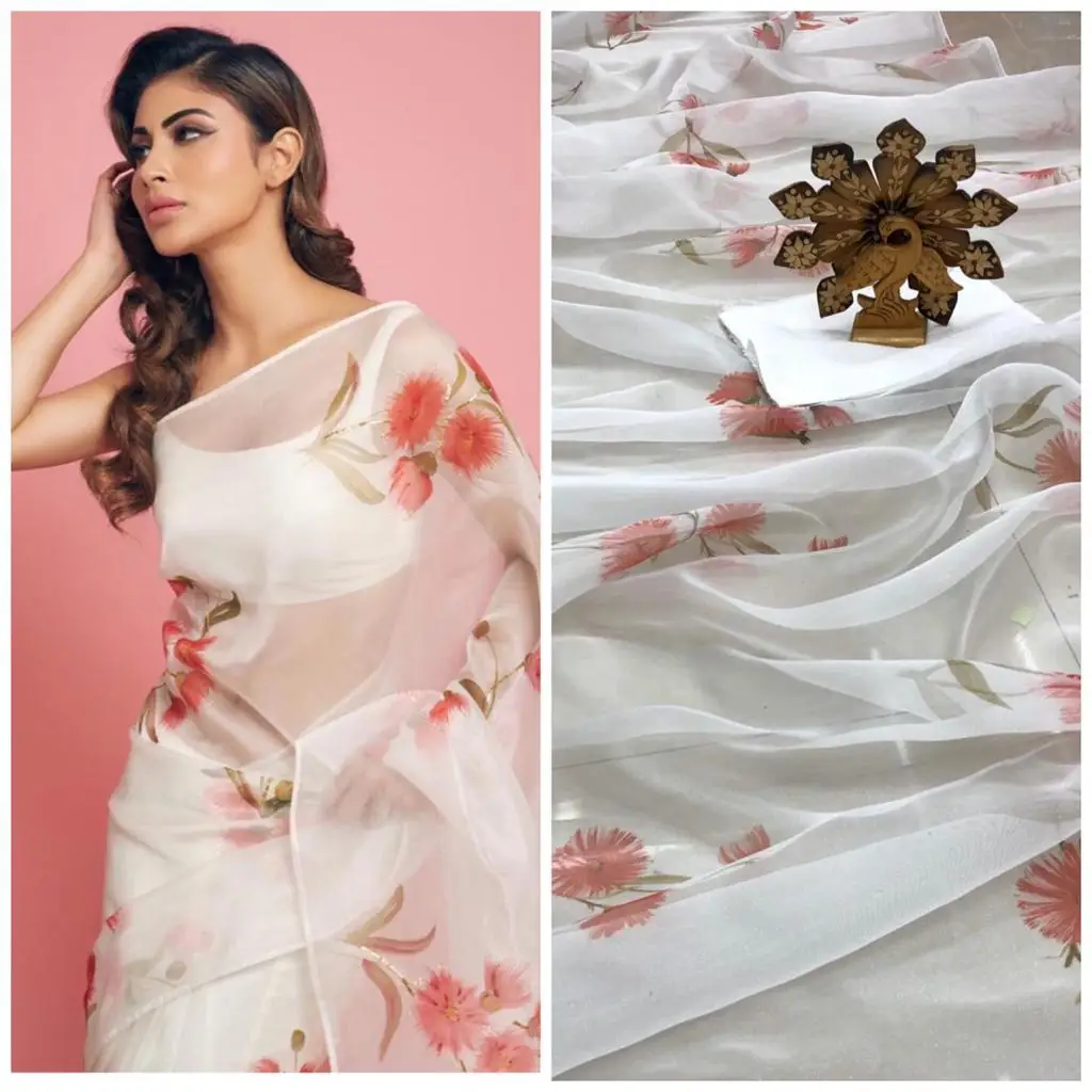 Indian New Designer Style Beautiful Saree on Organza Fabric with Digital Print and Banglory Blouse for Party Wear Fancy Saree
