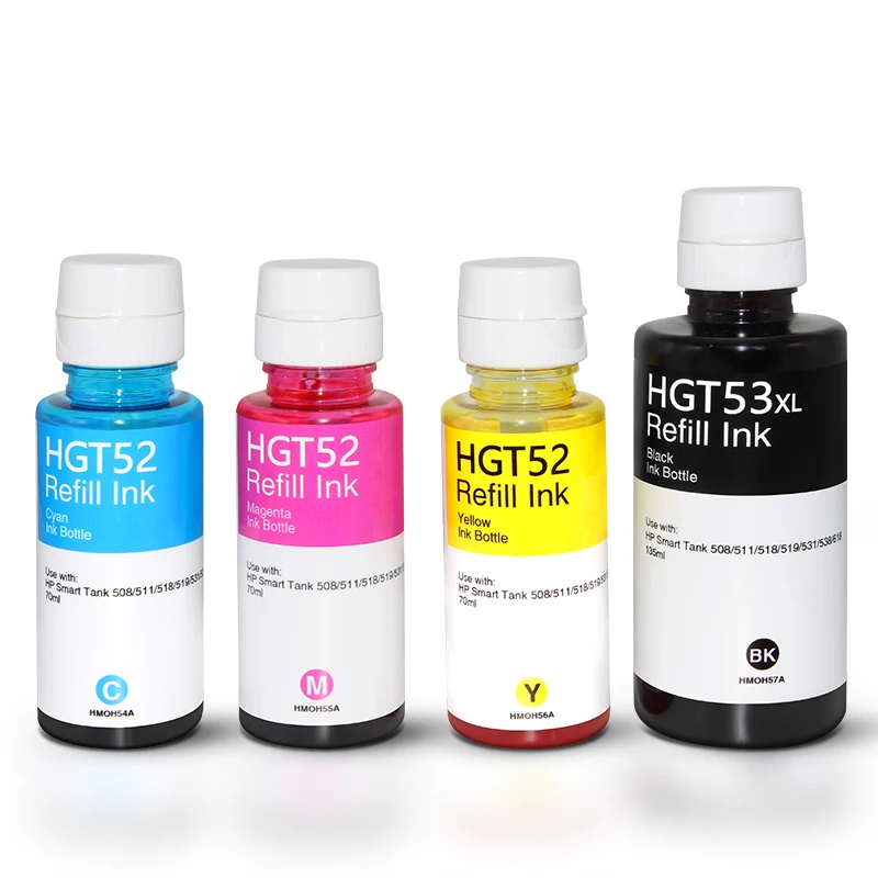 Hot Sale Refill Ink 135ml K 70ml CMY Hp HGT52/GT53XL Dye Ink for Smart Tank 508/511/518/519/531/538/618