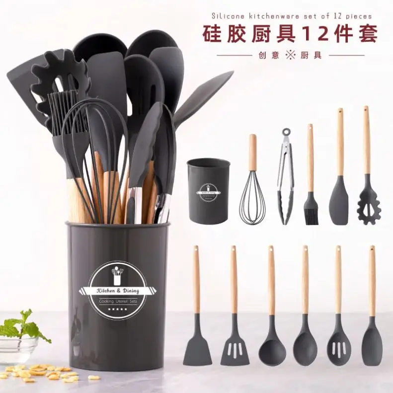 Silicone Kitchen Accessories Non-stick Cookware Wooden Kitchen Tools in Stock 12 Pcs Home Kitchen Utensils Silicone Spoon Holder