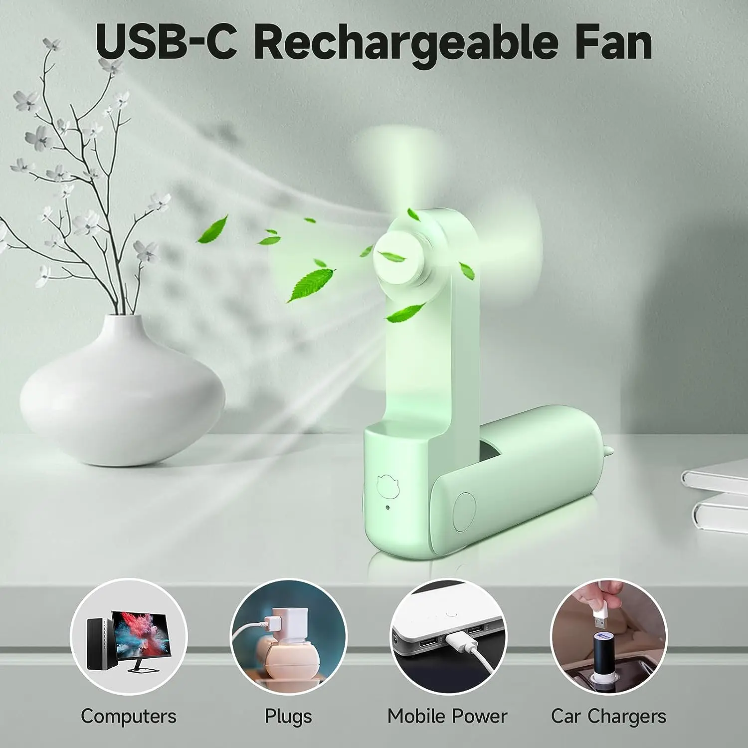 Handheld Mini Fan 3 Speeds Portable Foldable Fan with Power Bank Battery Operated Personal USB Rechargeable Small Pocket Fan