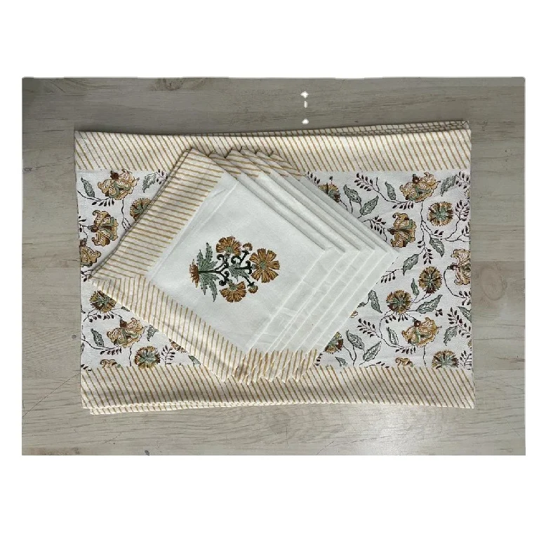 Premium Quality  Indian Cotton Hand Block Print Floral Table Mats & Napkin Set of 6 Napkins & 6 Mats