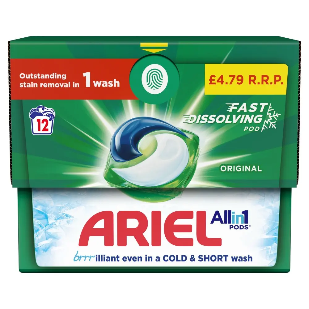 Ariel All-in-1 PODS 12-Pack Disposable Washing Capsules Fragrant Laundry Detergent Powder for Apparel Packaged in Bags
